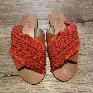 ABLE Ren Sandal, Women's Size 7 M, Bright Coral Leather And Woven  Boho